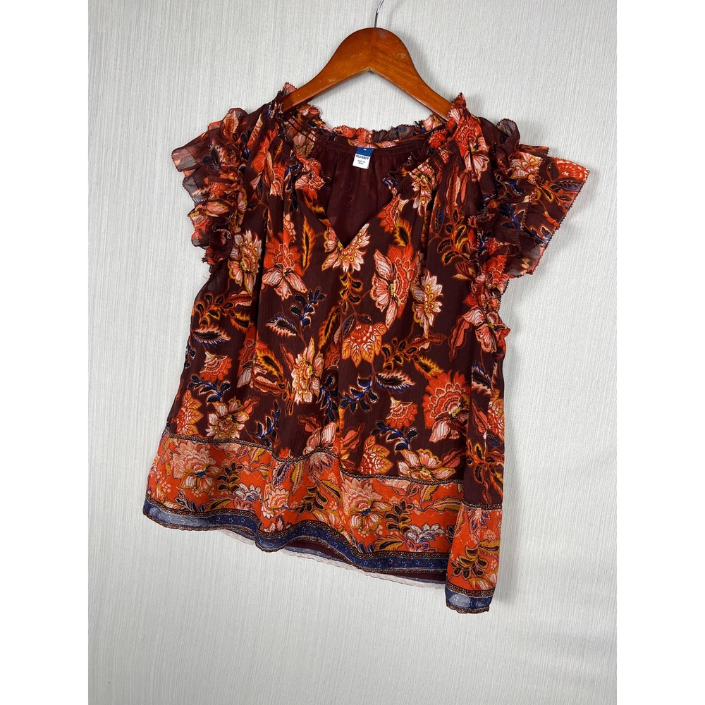 Old Navy Flutter Sleeve Blouse Women M Maroon Floral Chiffon Boho Peasant Office